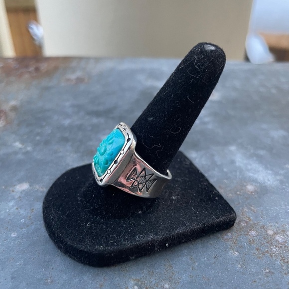 Carolyn Pollack Rectangle Carved Turquoise Sterling Ring w/ flower design Size 8 - Picture 2 of 4